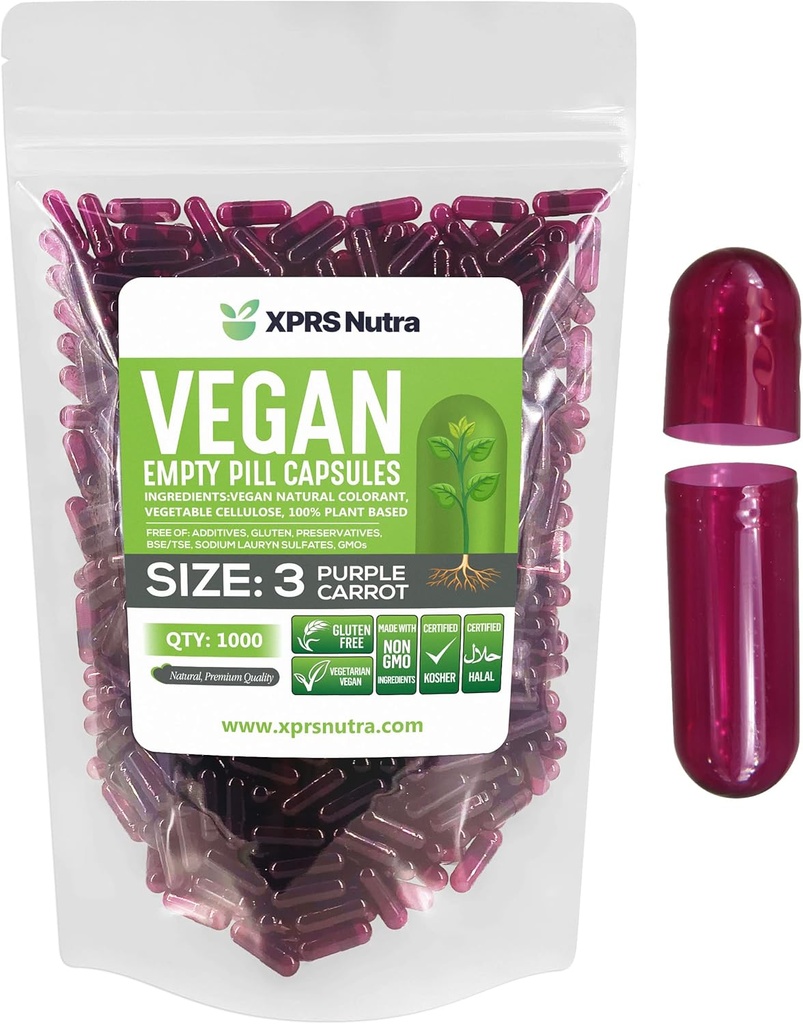 XPRS Nutra Розмір 3 Empty Capsules - 1000 Count Empty Vegan - Вегетаріанські таблетки - DIY Овочева капсула Начинка - Veggie Pill Caps (Purple Морква)