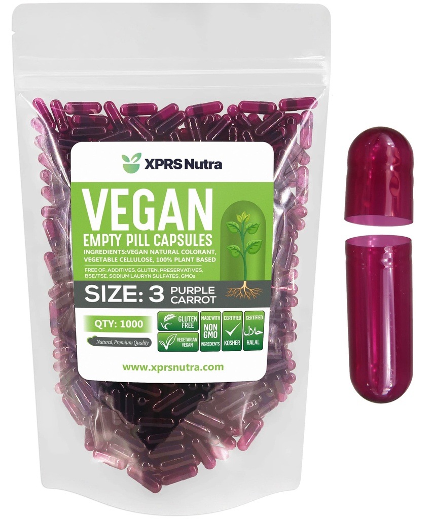 XPRS Nutra Size 3 Empty Capsules - 1000 Count Empty Vegan - Vegetarian Pills - DIY Vegetable Capsule Filling - Veggie Pill Caps (Purple Carrot)