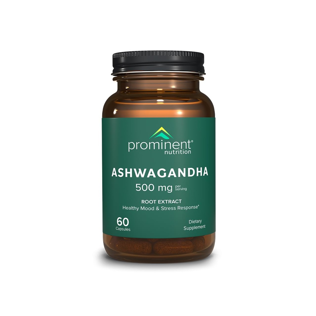 Prominent Nutrition Ashwagandha Supplement - Clinically Researched Shagandha Root Extract for Healthy Mood & Stress Support, Standardized to 2.5% Withanolides, 500 mg, 60 Vegan Capsules - 1 Pack