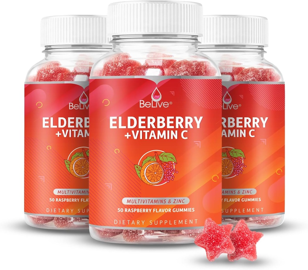 BeLive Elderberry Gummies with Zinc and Vitamin C - Immune Support Supplement with Vitamin D, A, E, B12 - Gummies for Healthy Bones & Teeth, Vegan, Keto & Non-GMO - Raspberry Flavor