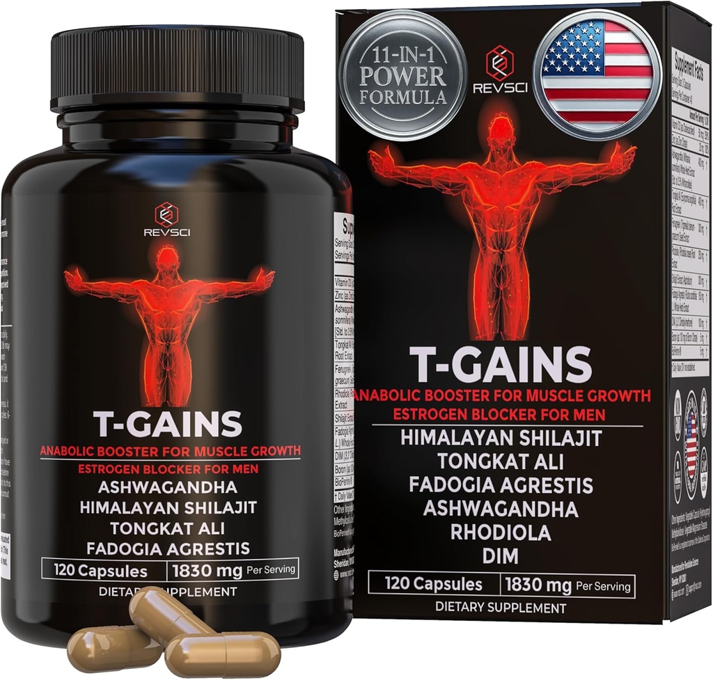 Anabolic Booster & Muscle Builder, T-GAINS testosterona gehigarria gizonentzat, TRT Test Booster & Estrogen Blocker, HGH gehigarriak gizonentzat - Tongkat Ali Fadogia Agrestis Muscle Growth, 120 Caps