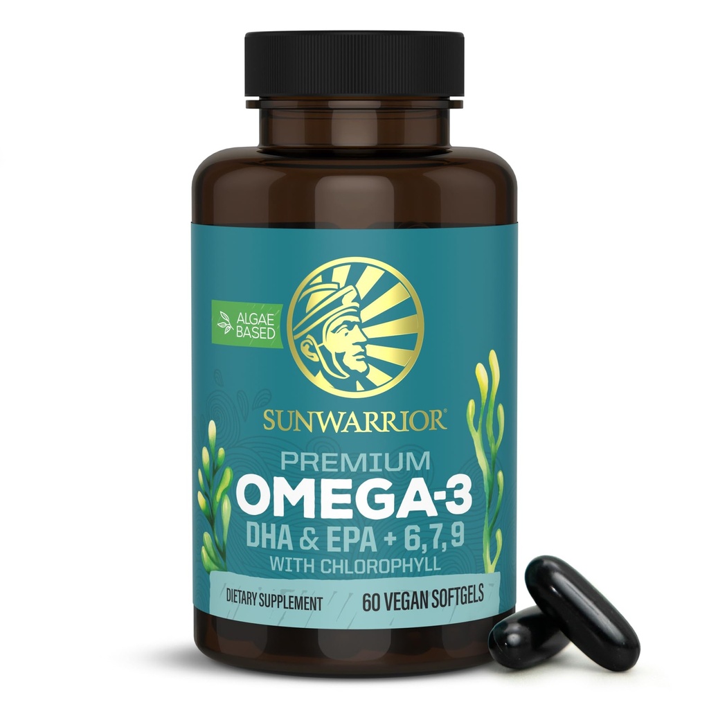 Sunwarrior Vegan Omega 3 DHA & EPA Supplement Algal Oil Preferred Alternative to Fish Oil Supports Brain Eye Joint & Heart Health (60 Count)