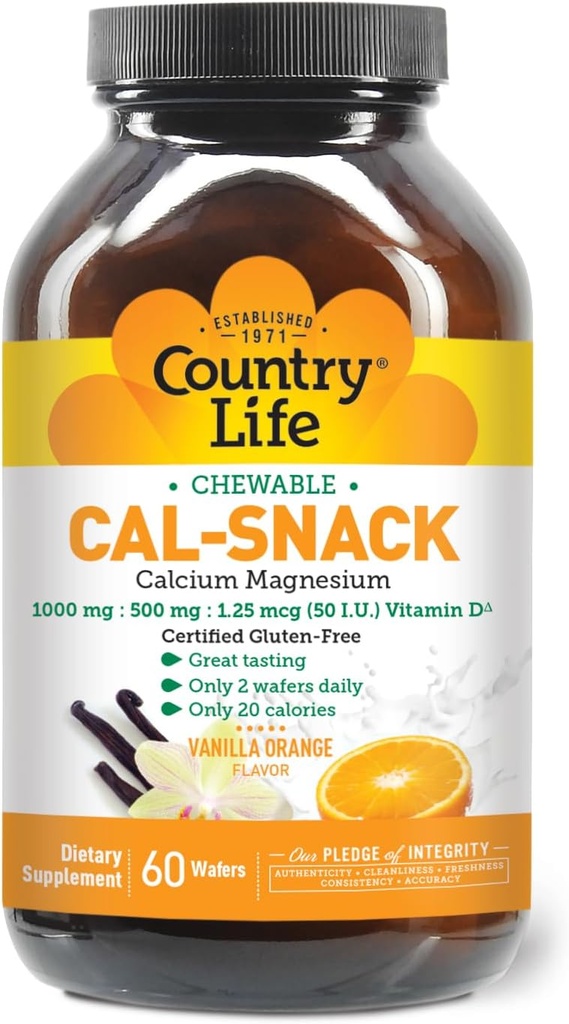 乡村生活 Cal-Snack, Chewable Calcium, 具有维生素D的镁, 1000mg/500mg/50 IU, 乳品无乳品, 香草橘 Flavor, 60 Wafers, 认证 Gluten Free, 认证 Vegan