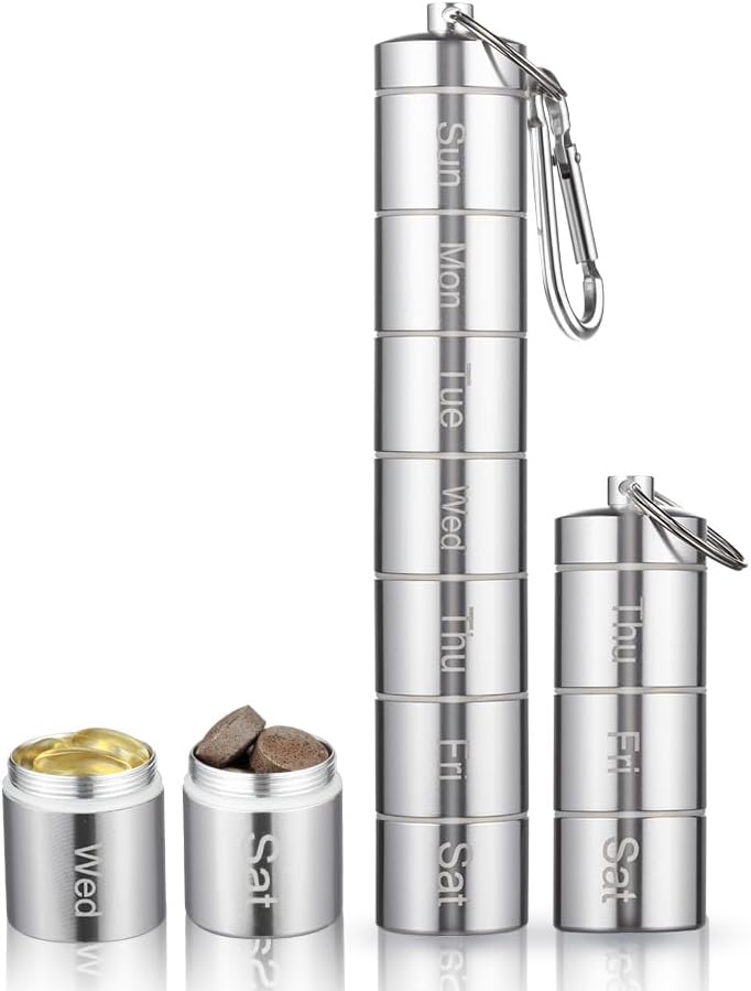 Metall Moisture bevis ukentlig pilleorganisator 7 dag 3 ganger om dagen, Stackable Aluminum legering gratis reiser Hiking Pill Box tilfelle vanntett og stor sammenlikning å holde piller, vitaminer, fiskeolje, supplem