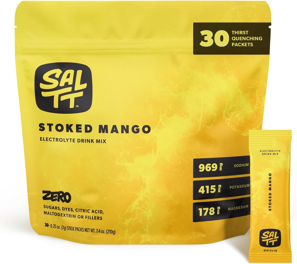SALTT Electrolytes Powder Flavored Drink Mix - Stoked Mango - 30 Hydration Packets - Magnesium, Potassium, Sodium, Trace Minerals - Zero Sugar & Gluten Free - Travel Essentials
