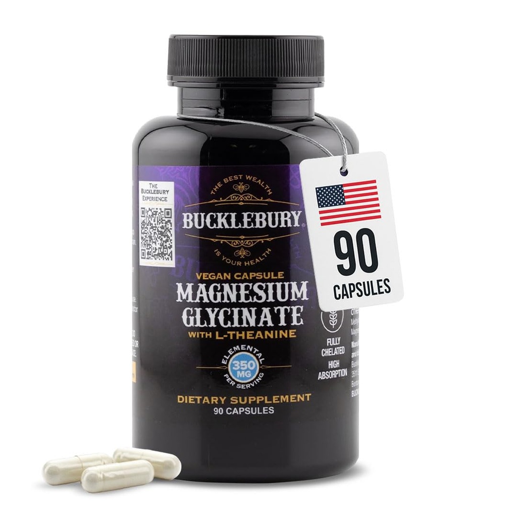 Bucklebury Magnesium Glycinate Capsules with L-Theanine 350mg - Advanced Formula for Stress Relief, Muscle & Bone Health Support - Magnesium Glycinate Supplements for Women & Men - Vegan 90 Count