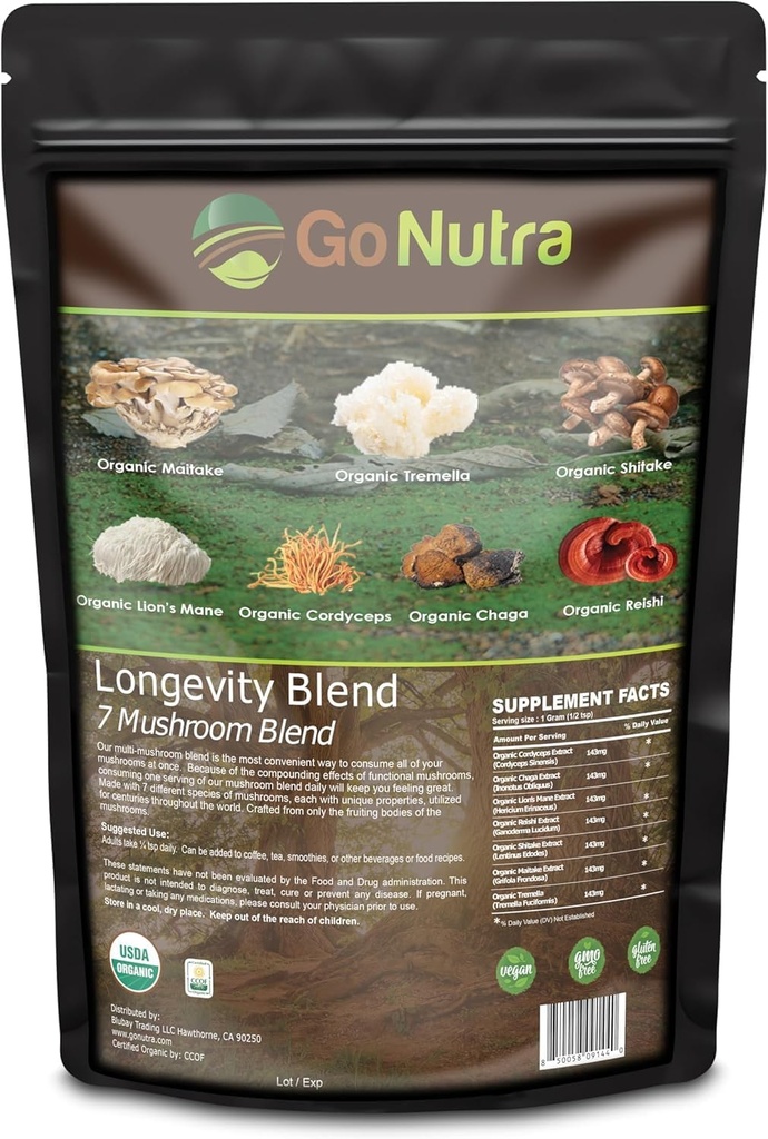 Go Nutra - Suplemento Orgánica 7 Mushroom, Powder de Mushroom Longevity con Mane de León, Chaga, Shiitake, Maitake, Reishi, Tremella y Cordyceps Mushroom, No GMO, Libre de gluten, Vegan, 8 oz
