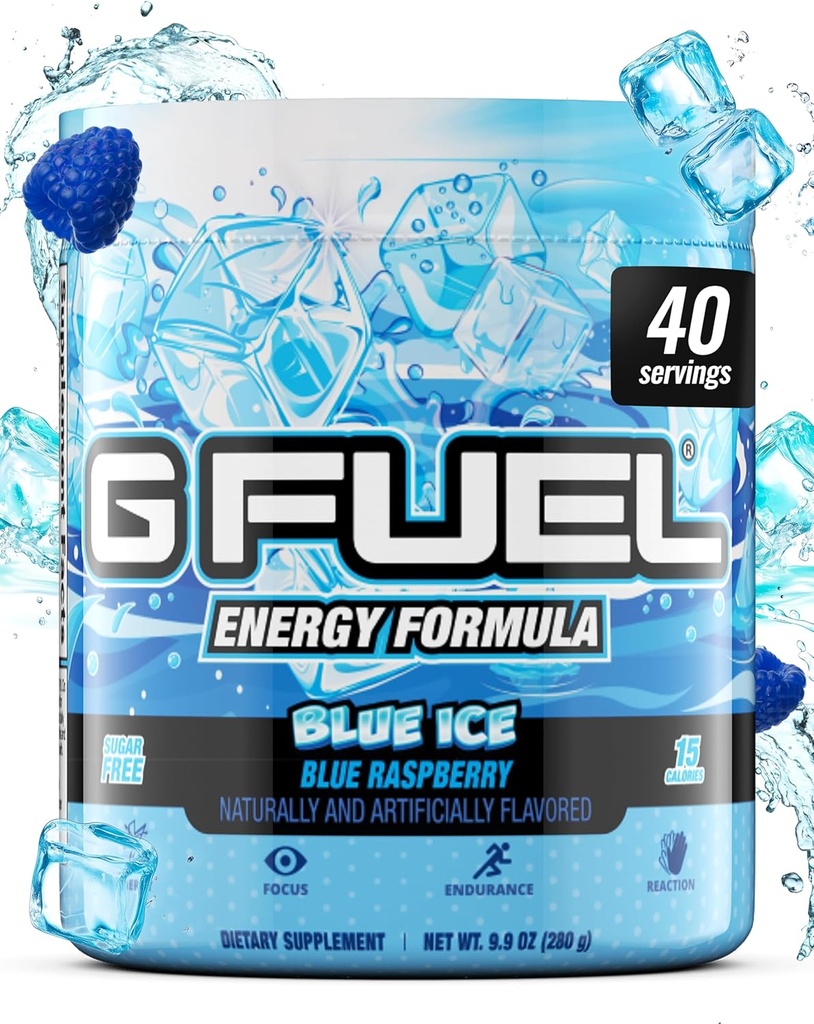 G Fuel Blue Ice Energy Drink Powder, Pre Workout Caffeine Mix for Gaming, Cukr Free Focus Amino, Vitamin + Antioxidanty, 9.9oz (Blue Raspberry, 40 Služeb)
