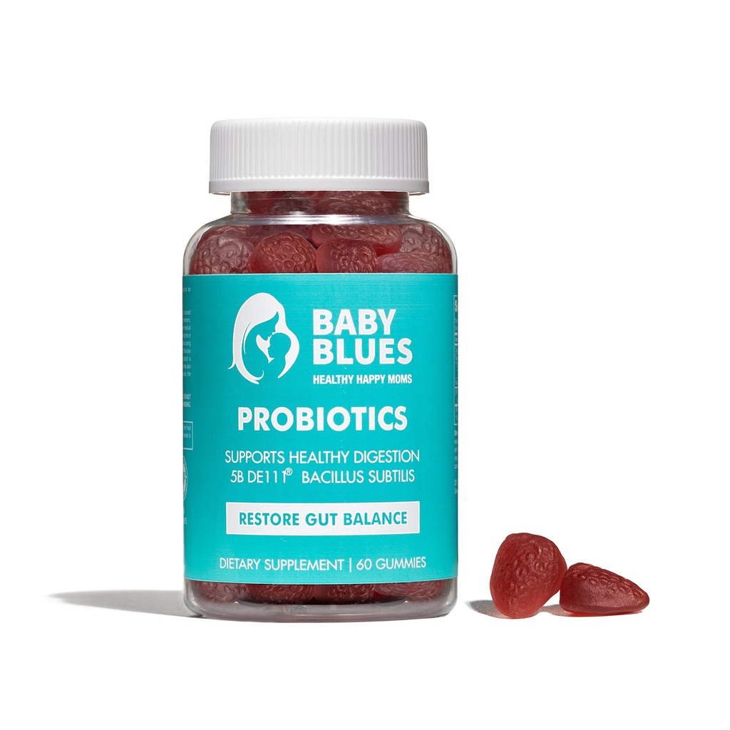 Baby Blues Probiotic Gummies for Women, Prenatal and Postnatal Probiotic for Pregnancy, Postpartum and Breastfeeding, Gut Health and Digestion, 5 Billion CFU DE111, Organic Strawberry, 60 Count