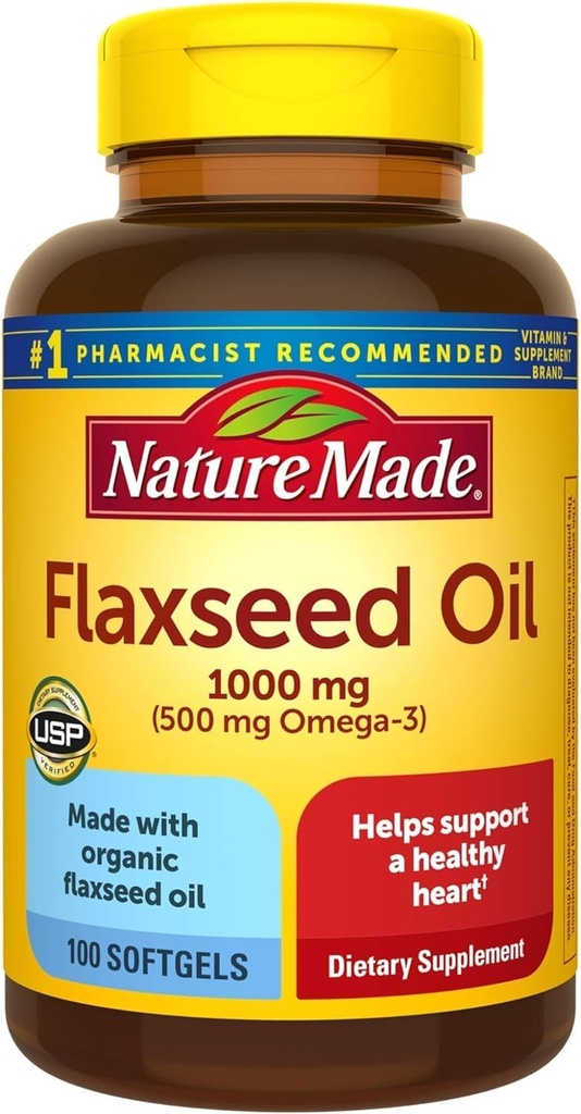 Természet Készült Flaxseed Oil 1000 mg, Fish Free Omega 3 Supplement, Diétás kiegészítés szív egészségügyi támogatás, 100 Softgels, 100 napos ellátás