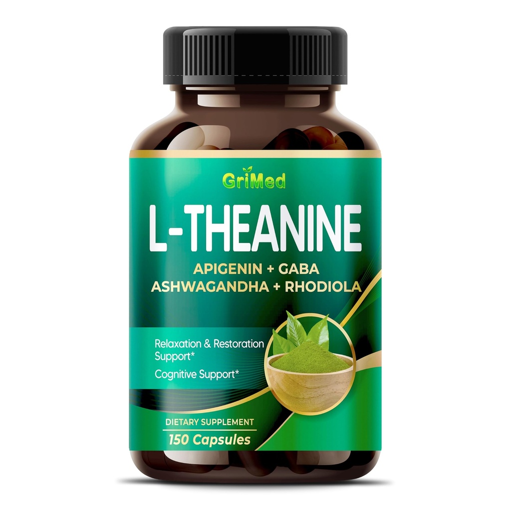 GriMed L-Theanine 11,900mg- X10 Power with Apigenin, GABA Ashwagandha, Rhodiola - Relaxation & Restoration Focus and Memory (150 Count (Pack of 1))