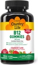 Country Life Vitamin B12 Gummees - 850 mcg Cyanocobalamin, 120 Count - Vegan, Gluténmentes gumi kiegészítés energia metabolizmus és idegrendszer támogatása - Természetes eperízű, 2g cukor