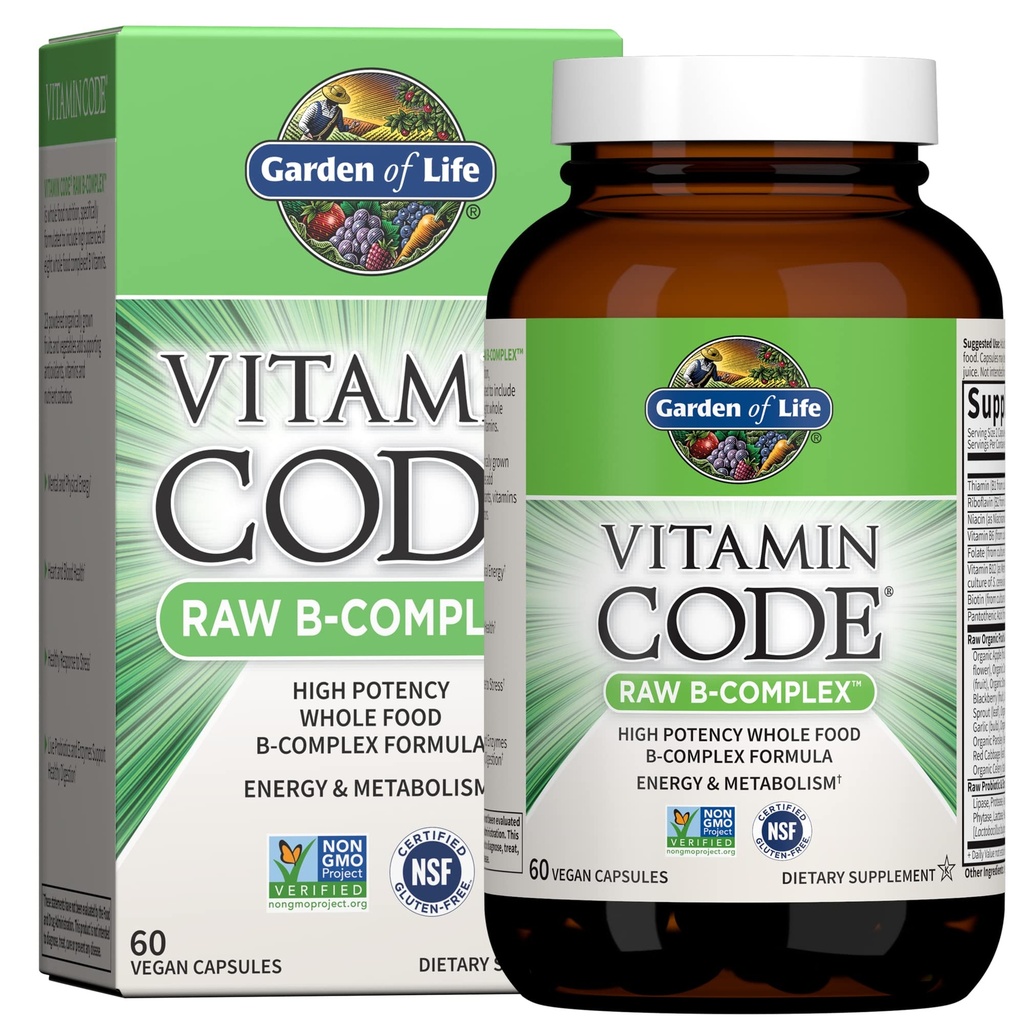 Garden of Life Vitamin B Complex, 60 Vegan Capsules, High Potency Vitamins for Energy & Metabolism with B6, Folate & B12 as Methylcobalamin Plus Probiotics