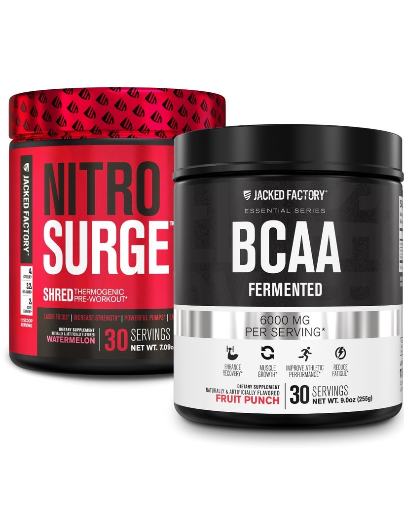 Jacked Factory Nitrosurge Shred Thermogenic Pre-Workout in Watermelon & BCAA in Fruit Punch for Body Recomposition, Muscle Building and Recovery