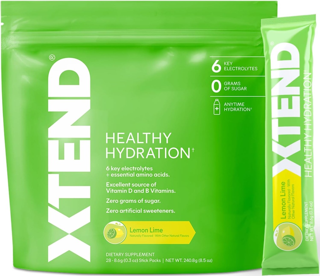 Xtend XTEND Healthy Hydration , Superior Hydration Powder Packets , Electrolyte Drink Mix , 3 Essential Amino Acids , NSF Certified for Sport , 28 Sticks, Lemon Lime