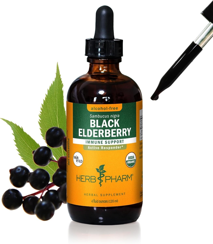 Herb Pharm Certified Organic Black Elderberry Liquid extract for Immune System Support, Alcool-Free Glicerite, 4 Ounce