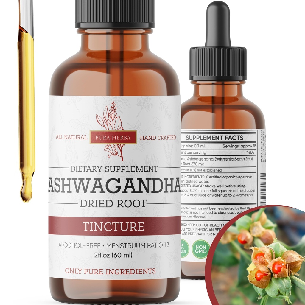Pura Herba Organic Ashwagandha Liquid Drops, Ashwagandha Root Tincture, Ashwagandha Extract Herb Supplements - 2 Fl Oz