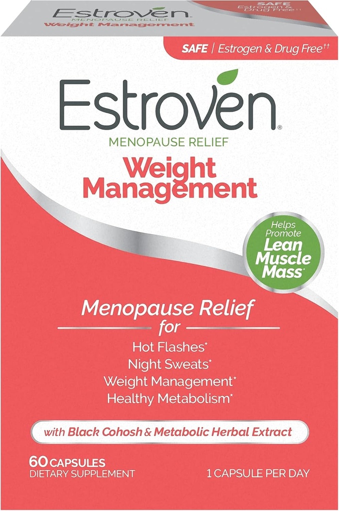 Gestión de peso estroven para el alivio de la menopausia - 60 Ct. - Ingredientes clínicos ayudan a manejar peso, proporcionar sudaderas nocturnas " Hot Flash Relief - Drug-Free " Gluten-Free