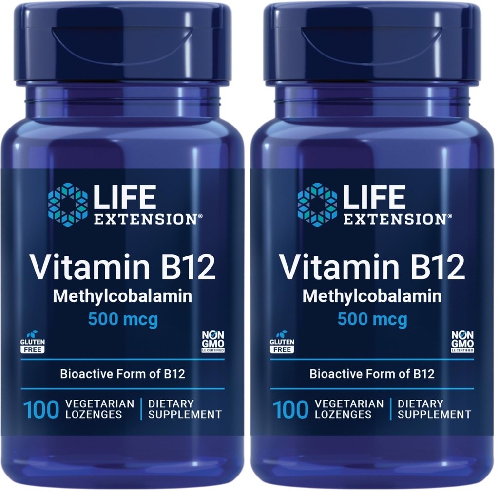 Life Extension Vitamin B12 Methylcobalamin 500mcg -Vitamin B12 Supplement for General Energy and Brain Health -Sugar Free Vegetarian Lozenges Dissolve in Your Mouth - Once Daily -100 Count (Pack of 2)