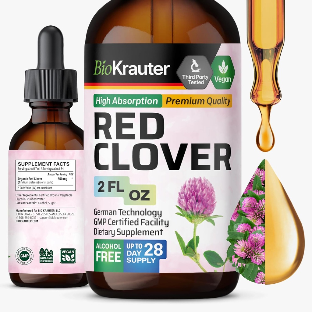 BIO KRAUTER Red Clover Taincture - Red Clover Extract - Liquid Suplemen untuk Dukungan Perempuan - Alkohol dan Gula Free - Vegan Drops 2 Fl.Oz.