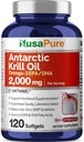 NusaPure Antarctic Krill Oil 2000 mg 120 Softgels, Omega-3 EPA 360mg, DHA 240mg, soylfritt Astaxanthin Supplement fra Krill 800ppm