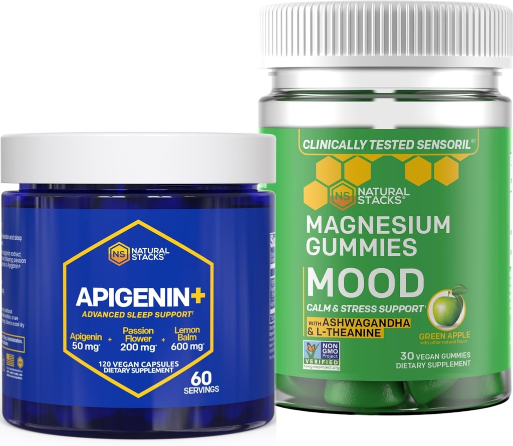 Pilha Natural Apigenin + Mood Magnesium Gummies Bundle - Qualidade do sono e suporte ao estresse* - 150 Peças
