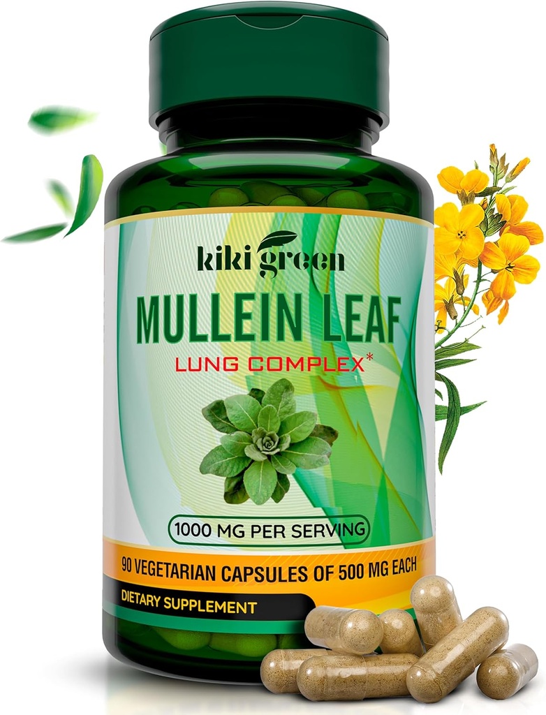KIKI Green Mullein Leaf Extract Capsules - Vegan Herbal Supplement - för Lung Cleanse, Support, bättre andning, immunfunktion - 1000mg 45 portioner - 90 greve