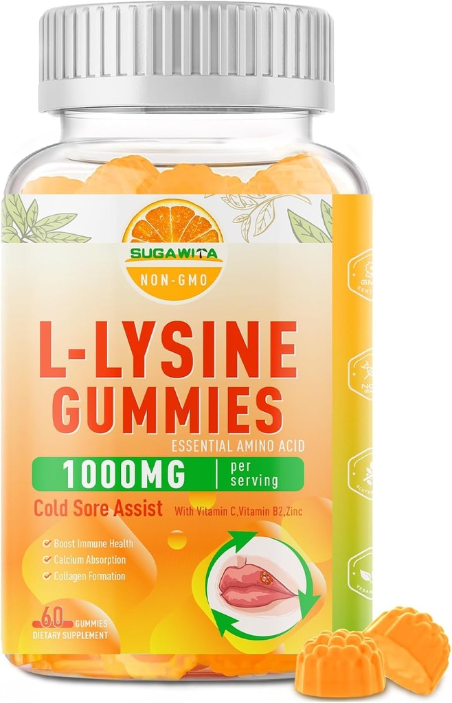 L-Lysine Gummies 1000 mg, Cold Sore Supplement with Immune Support for Lips & Oral, Chewable L L Lysine Gummies for Adults & Kids, Boost Immune & Collagen, Non-GMO, Vegan, Gluten Free - 60 Counts