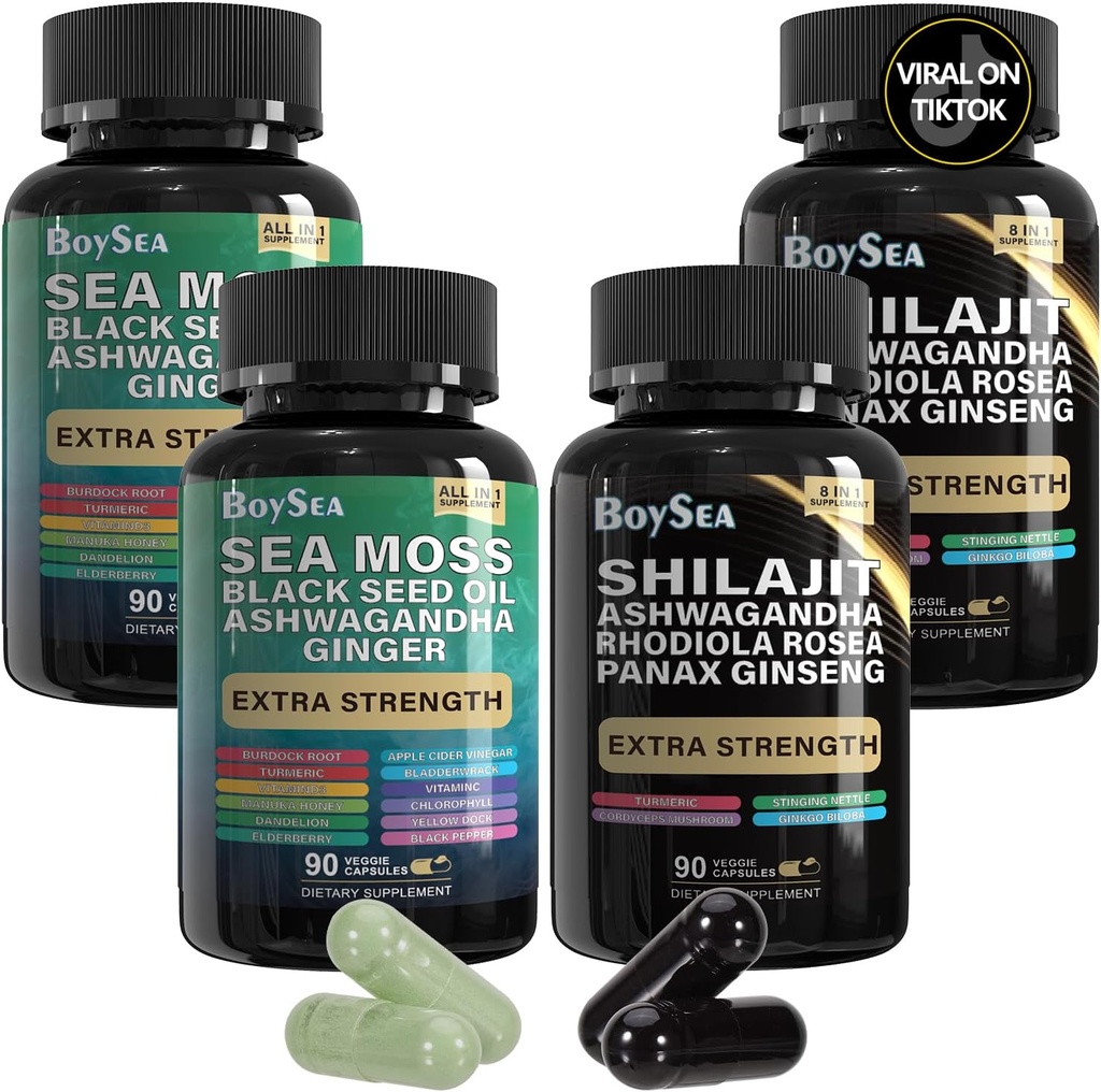 Boysea. Shilajit och Sea Moss Bundle-90 greve - Sea Moss, Black Seed Oil, Ashwagandha, Ginger & Shilajit, Rhodiola Rosea, allt i 1 kosttillskott (2 Pc)