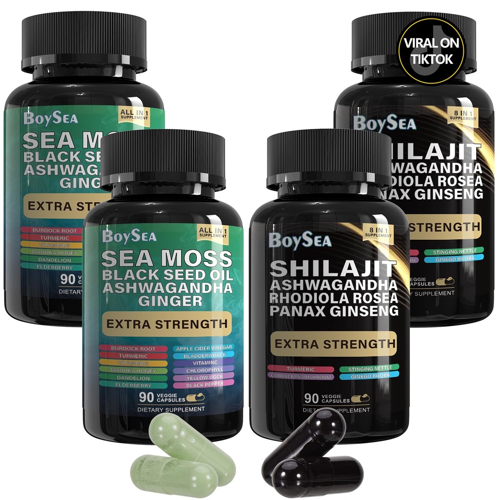 Boysea.Shilajit and Sea Moss Bundle - Sea Moss, Black Seed Oil, Ashwagandha, Ginger & Shilajit, Rhodiola Rosea, All in 1 Supplements - 360 Count