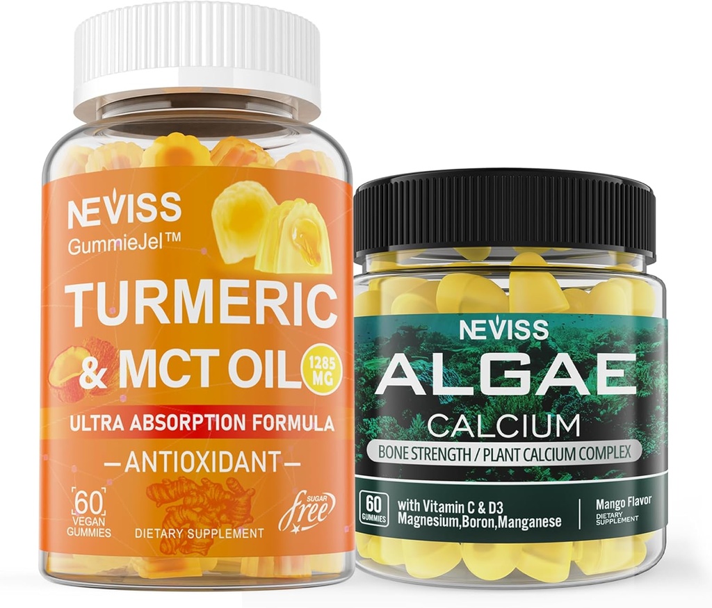 NEVISS Sugar Free Kurkuma Curcumin Gummies + Marine Algen Calcium Supplement 600mg, Hoge Absorptie, Veganistisch