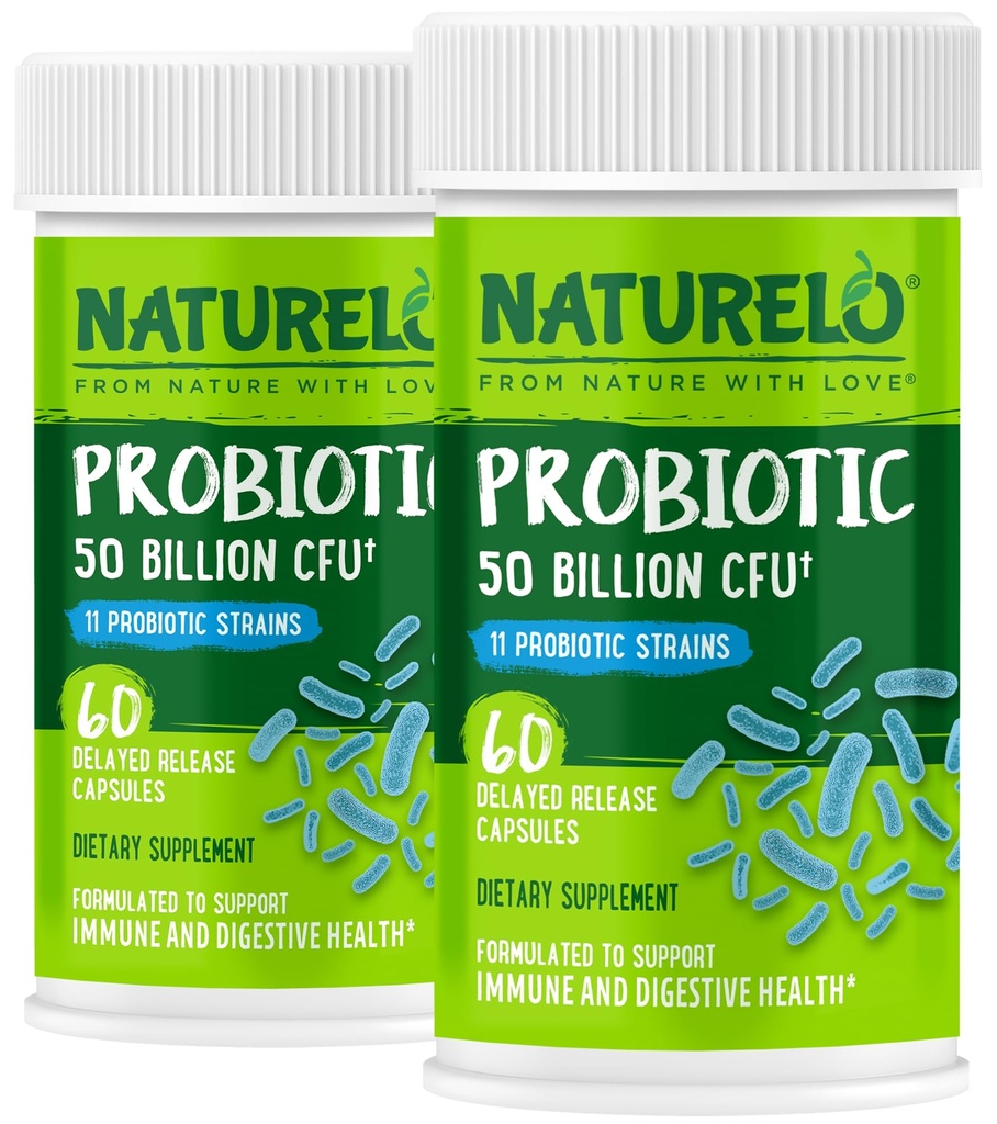 NATURELO Probiotics for Digestive Health - 50 Billion CFU, 11 Strains, Daily Use Supplement - Boosts Immune System, Delayed Release, No-Fridge, 60 Vegetarian Capsules (Pack of 2)