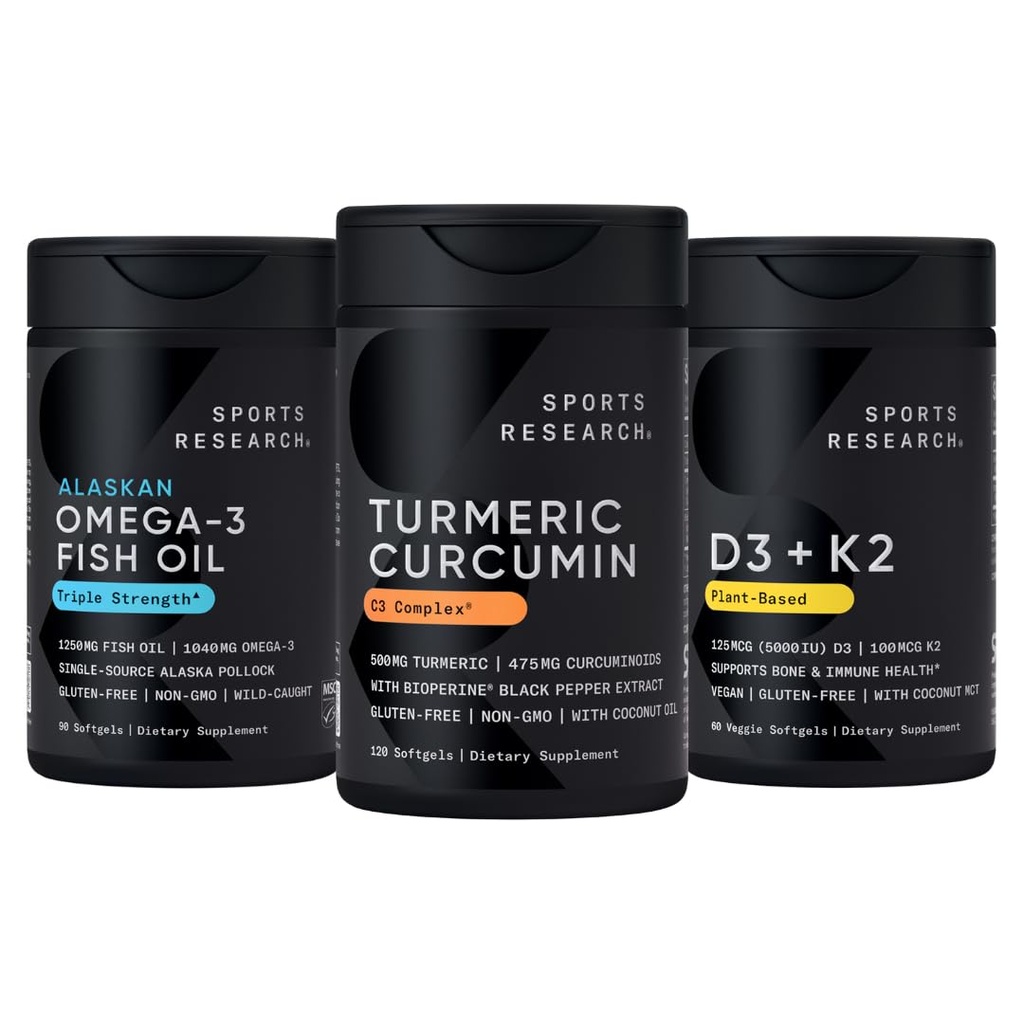 Sports Research® Body Wellness Pack - Wild Alaskan Pollock Omega-3 Fish Oil 1250 (90 Softgels), Turmeric Curcumin C3 Complex (120 Softgels) & Vegan 5000IU Vitamin D + 100mcg Mk7 Vitamin K (60 Softgels