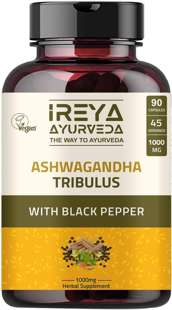 Ashwagandha Capsules Orgánico 1000mg (90 cápsulas) Fabricado con Tribulus Terrestris, Shatavari y Black Pepper Ingredientes Ecológicos ← 45 días de suministro
