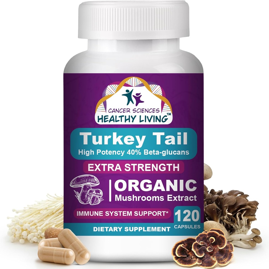 CANCER SCIENCES Turkey Tail Wellness Gomba kiegészítés, USDA Certified Organic Extra Strength 1500 mg, nagy hatásfokú 40% Beta-Glucans, Gut & Immune Support, Natural Digestive, 120 kapszula