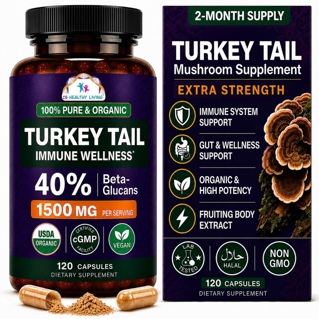Turkey Tail Wellness Mushrooms Supplement, USDA Certified Organic Extract, Extra Strength 1,500 mg, High Potency 40% Beta-Glucans, Gut & Immune Support, Natural Digestive, 120 Capsules