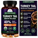 Turkey Tail Wellness Mushrooms Supplement, USDA Certified Organic Extract, Extra Strength 1,500 mg, High Potency 40% Beta-Glucans, Gut & Immune Support, Natural Digestive, 120 Capsules