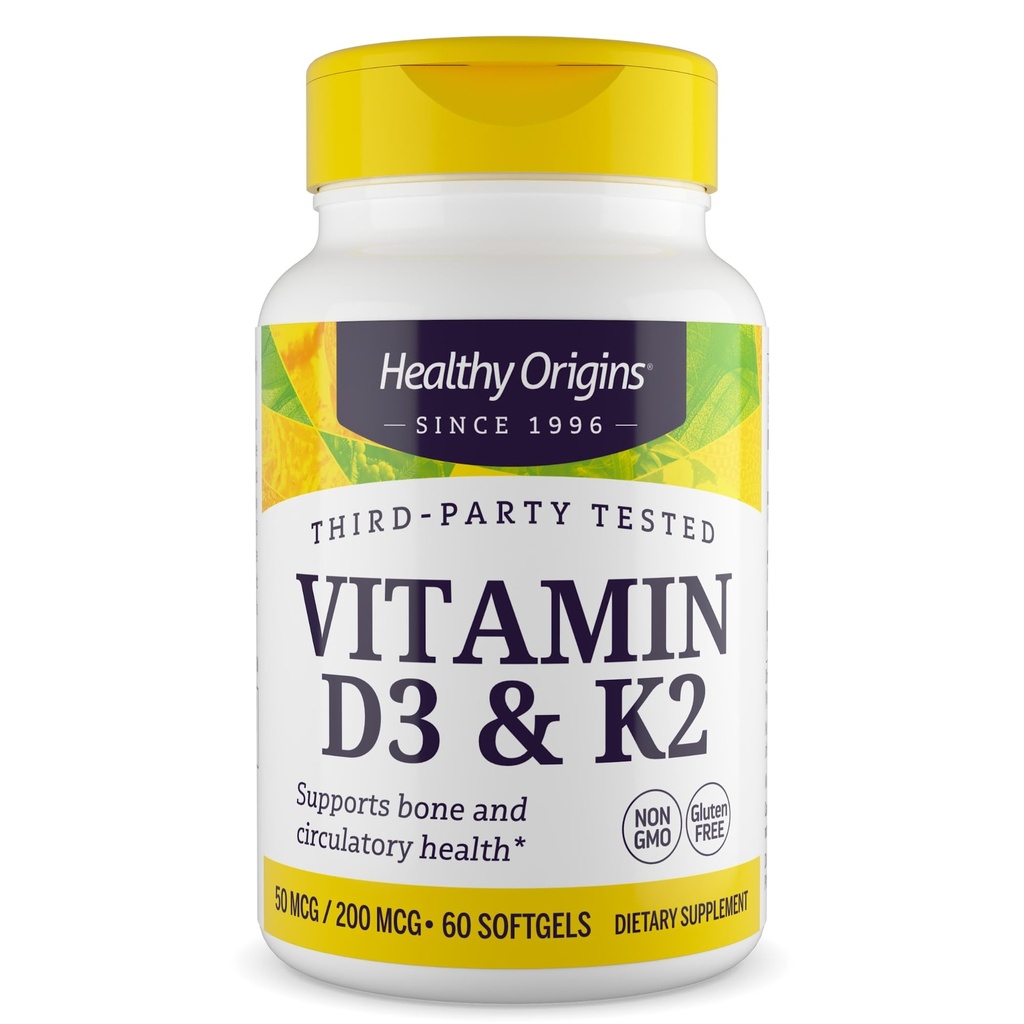 Healthy Origins Vitamin D3 & K2 - Vitamin D3, 50 mcg - Vitamin K2, 200 mcg - Easily Absorbable Vitamin D & Vitamin K Supplements - Non-GMO & Gluten-Free Supplements - 60 Softgels