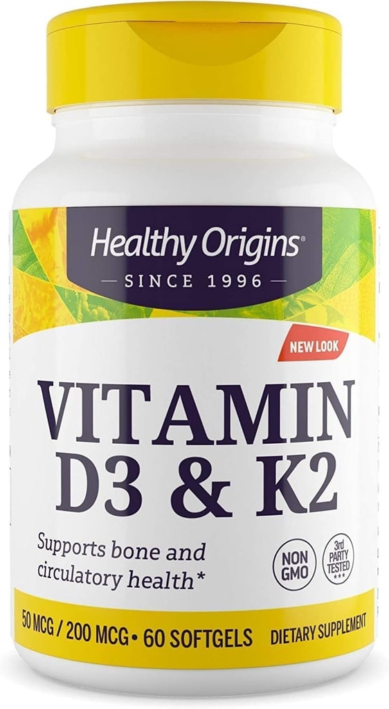 Healthy Origins Vitamin D3 & K2 - Vitamin D3, 50 mcg - Vitamin K2, 200 mcg - Easily Absorbable Vitamin D ' Vitamin K supplements - Non-GMO ' Gluten-Free supplements - 60 Softgels