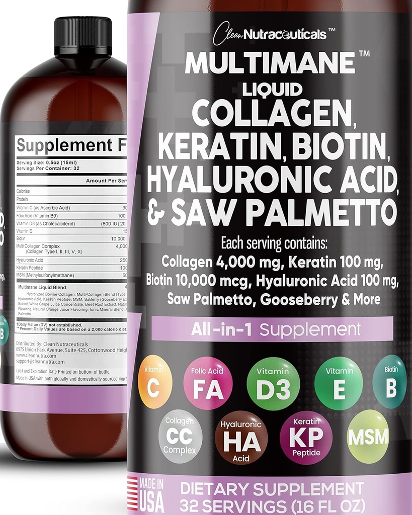 Clean Nutraceuticals Liquid Collagen 4000mg Biotin 10000mcg Keratin 100mg Saw Palmetto Hyaluronic Acid 100mg - Hair Skin " Nails Vitamins Blocker with Vitamin D3 MSM 50mg Made in USA - 16 Fl Oz