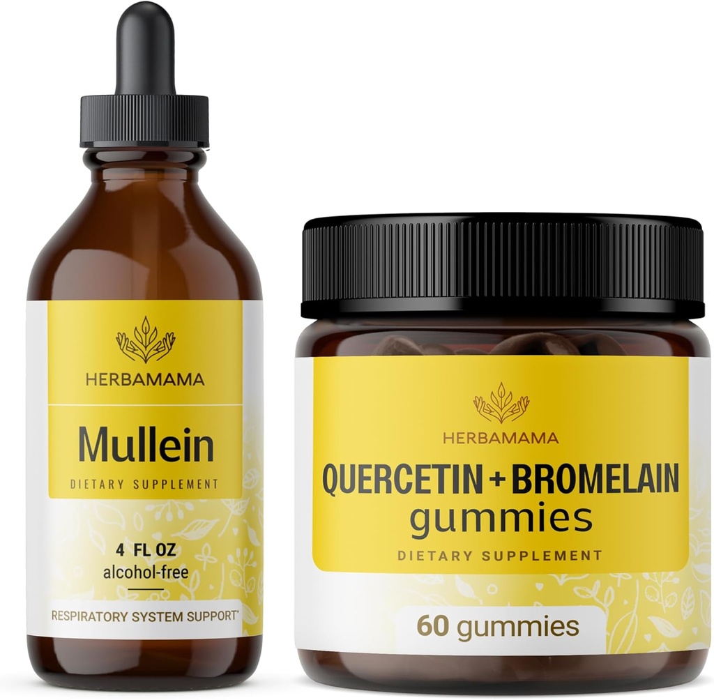 HERBAMAMA Mullein Leaf Extract and Quercetin Gummies Kit - Bundle of Mullein Leaf Drops 4 fl oz a 800 mg Quercetin with Bromelain Gummies - Vegan, Non- GMO, Alkoholo- Free - 2 Pack