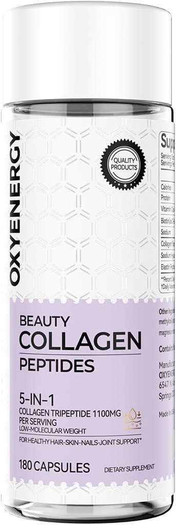 Cápsulas de Colágeno de OxyEnergy para Mulheres, 1100mg Tripé de Colágeno Hidrolisado (Tipos I) Suplementos com Biotina e Vitamina C, 180 comprimidos de Colágeno para promover cabelo, unhas, pele, 2 meses de fornecimento