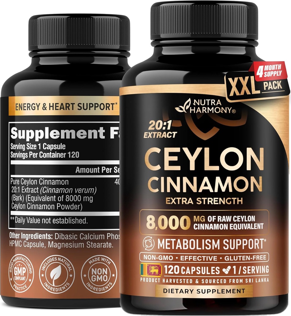 קפסולות Ceylon Cinnamon - כוח נוסף - אנרגיה, לב ומטבוליזם תמיכה - עבור גברים ונשים - תמצית טבעית טהורה 20:1 - מיוצר בארה"ב - GMO &ten חינם, 120 קפסולות, 4 חודשים אספקה