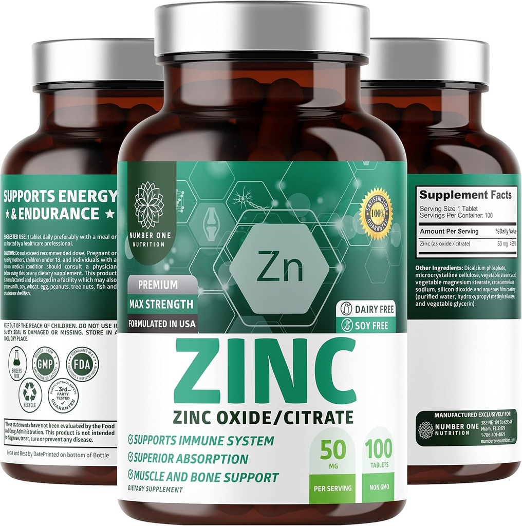 N1N Premium Zinc 50mg [3X imendumine, vegan] Kõik looduslikud tsinkoksiidi ja tsitraadi lisandid immuunsuse toetamiseks, naha terviseks ja paremaks seedimiseks, 100 tabletti