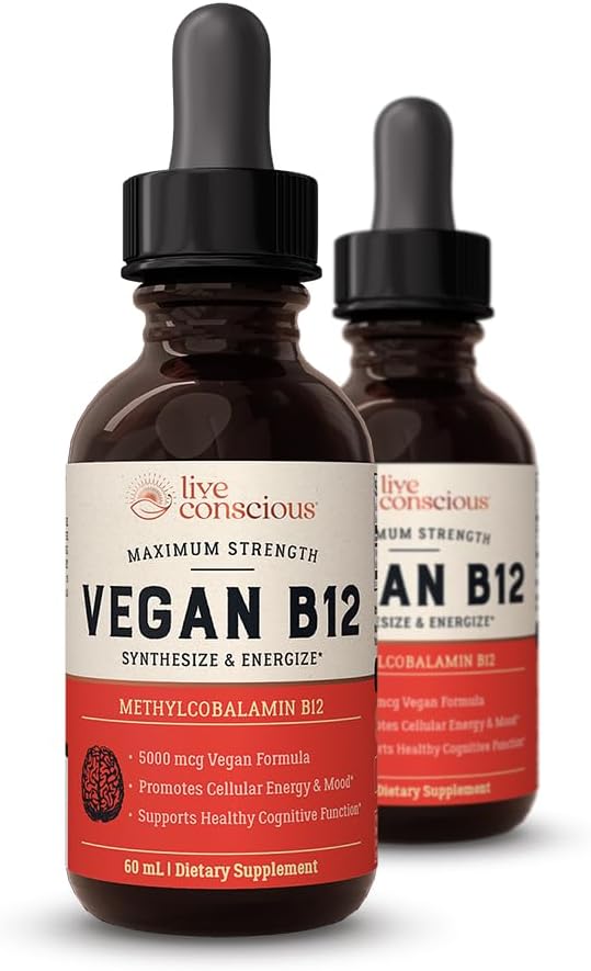 Levende bevisst vegansk vitamin B12 Sublingual flytende dropper Metylkobalamin Max Styrke B12 5000mcg formel - Vegan B 12 vitamin støtte energi, fremme minne og aid immunsystem (2 Pack)