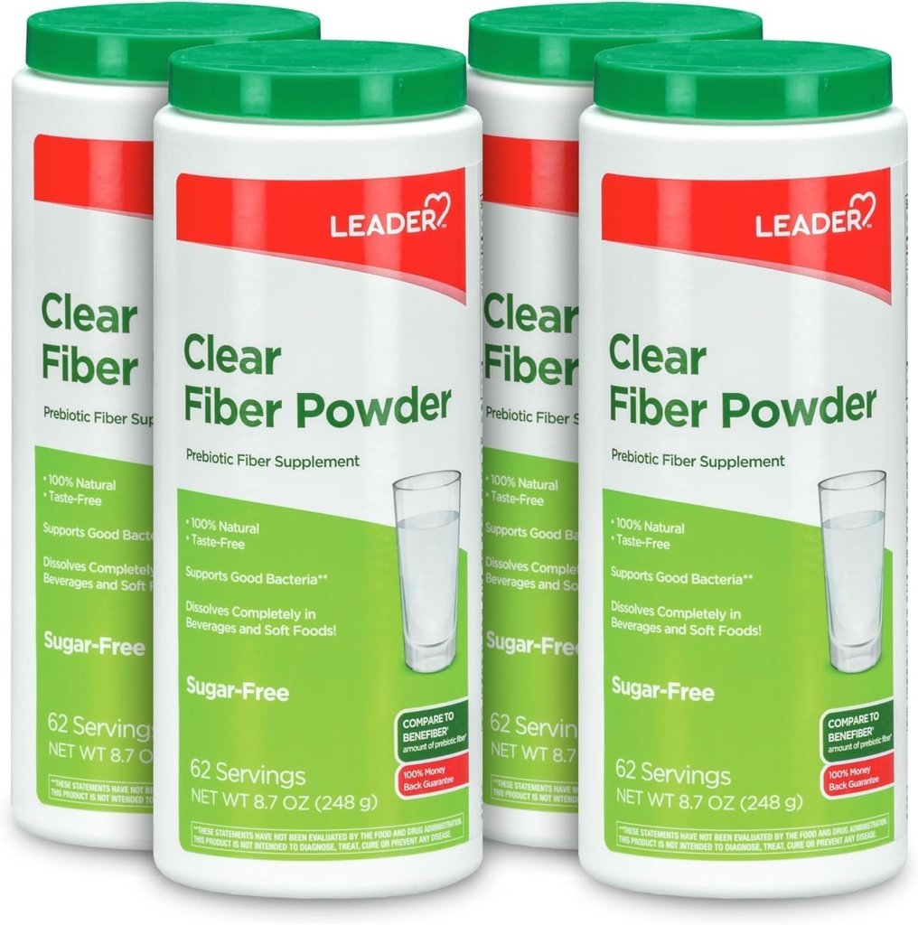 Leader Prebiotic Fiber Supplement Powder for Digestive Health, 100% Natural Daily Fiber Powder, Sugar-Free, Taste-Free, Glutenvrij, Non-GMO, Unflavored, 62 Servers (8.7 OZ) (pack van 4)