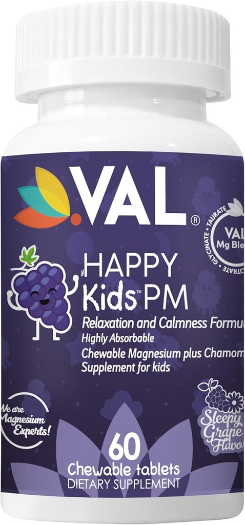 VEL Kids PM chicletes de magnésio □ Tablets mastigáveis sem açúcar com camomila, glicinato de magnésio + citrato + taurate ; Vitamina B6 & C ; Sabor de uva natural ; Dormir e calma Suporte □ 60 Ct □ Idades 4+