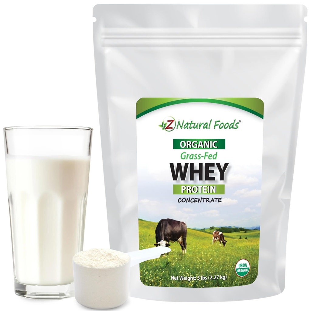 Z Natural Foods Organic Whey Protein Concentrate - Nutrient-Dense Grass Fed Whey Protein Powder - Cold Processed Pure Whey Protein with Essential Amino Acids for Nutrition & Fitness, Unflavored, 5 lbs