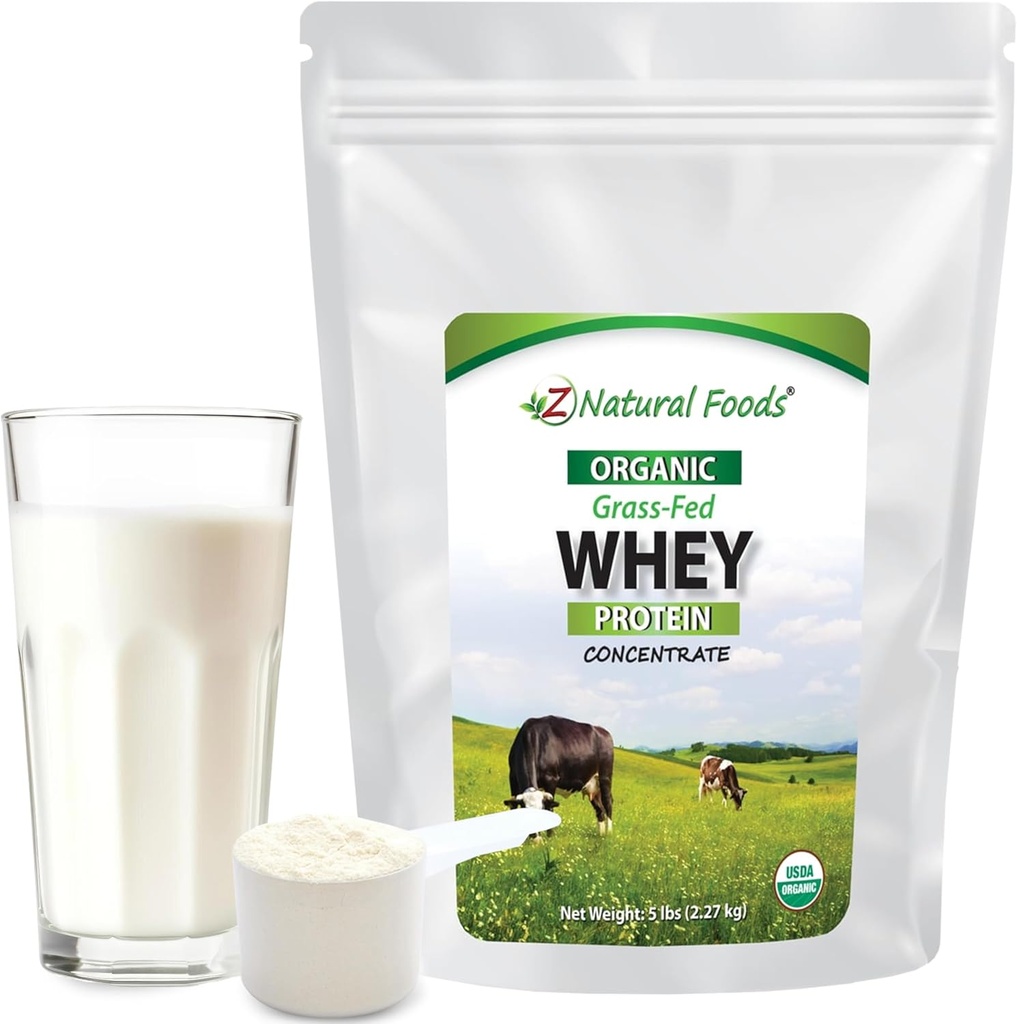 Z Natural Foods Proteína de soro orgánico - Nutrient-Dense Grass Fed Whey Protein Powder - Cold Processed Pure Whey Protein con Aminoácidos esenciais para a nutrición ea saúde, sen sabor, 5 lbs