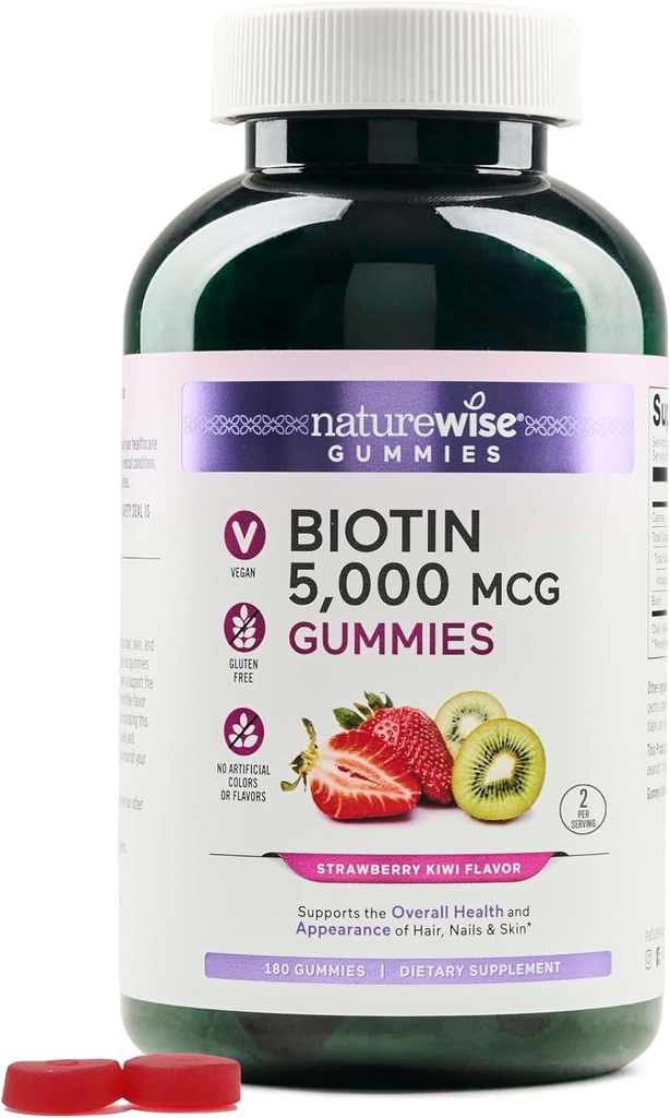 NatureWise Biotin Gummies - Підтримує здорове волосся, шкіри та сильні нігті - Вітамін B7 5000mcg - Натуральна краса - полуниця-Ківі Flavor - Vegan, Non-GMO, клейковина Безкоштовна - 180 Count[90 Day Supply]